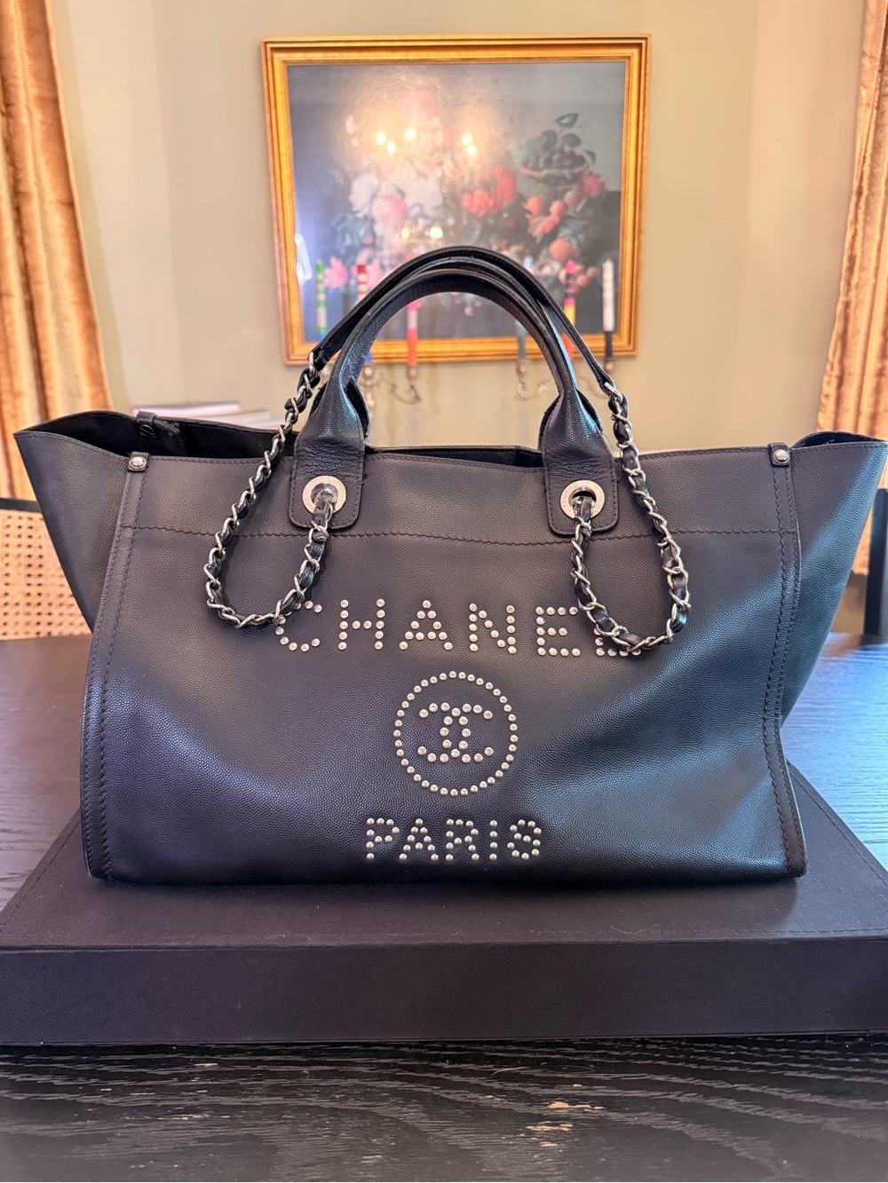 Chanel Black Studded Douville Leather Tote Bag